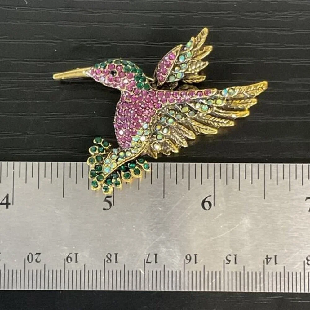 Vintage Hummingbird Brooch Pendant Combo Rhinestones Pink Green Gold-Tone Metal